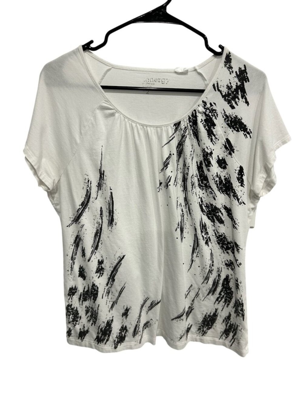 Synergy Chico's Large White Black Abstract Short Sleeve Top Minimalist Mod